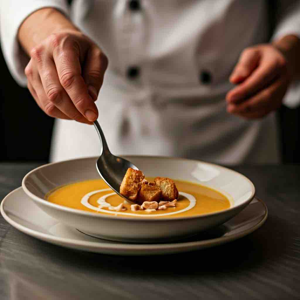 Le chef nappe un velouté à bord du Calife